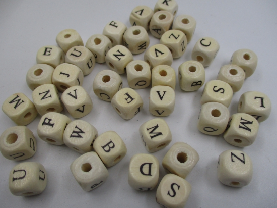 ALPHABET WOOD BEADS 10X10MM 250G NATURAL